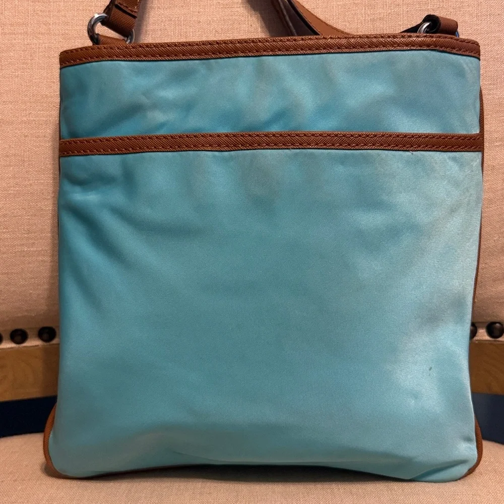 Michael Kors “Kempton” Aquamarine Nylon Crossbody Bag with Leather Trim
